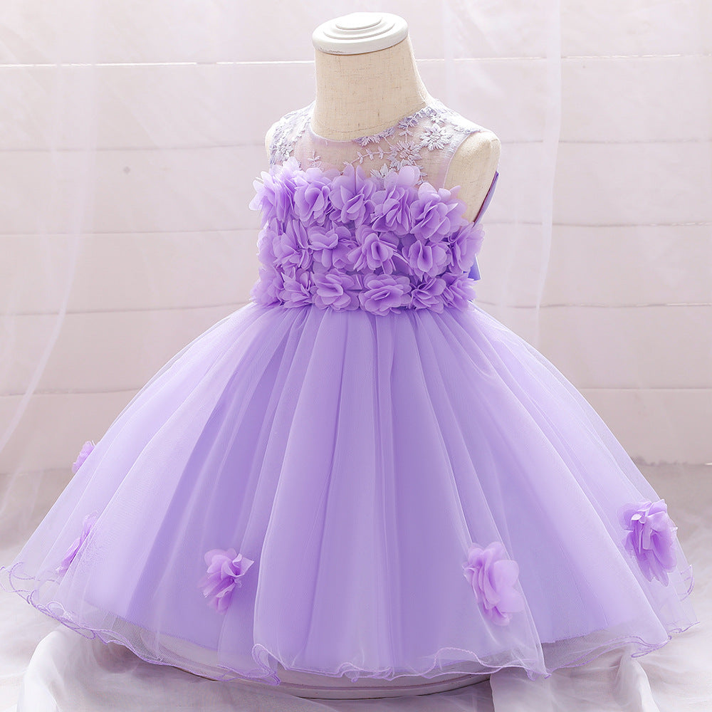 A-line Off Shoulder Tulle Baby Girl Dress | Cute Floral Applique Princess Gown