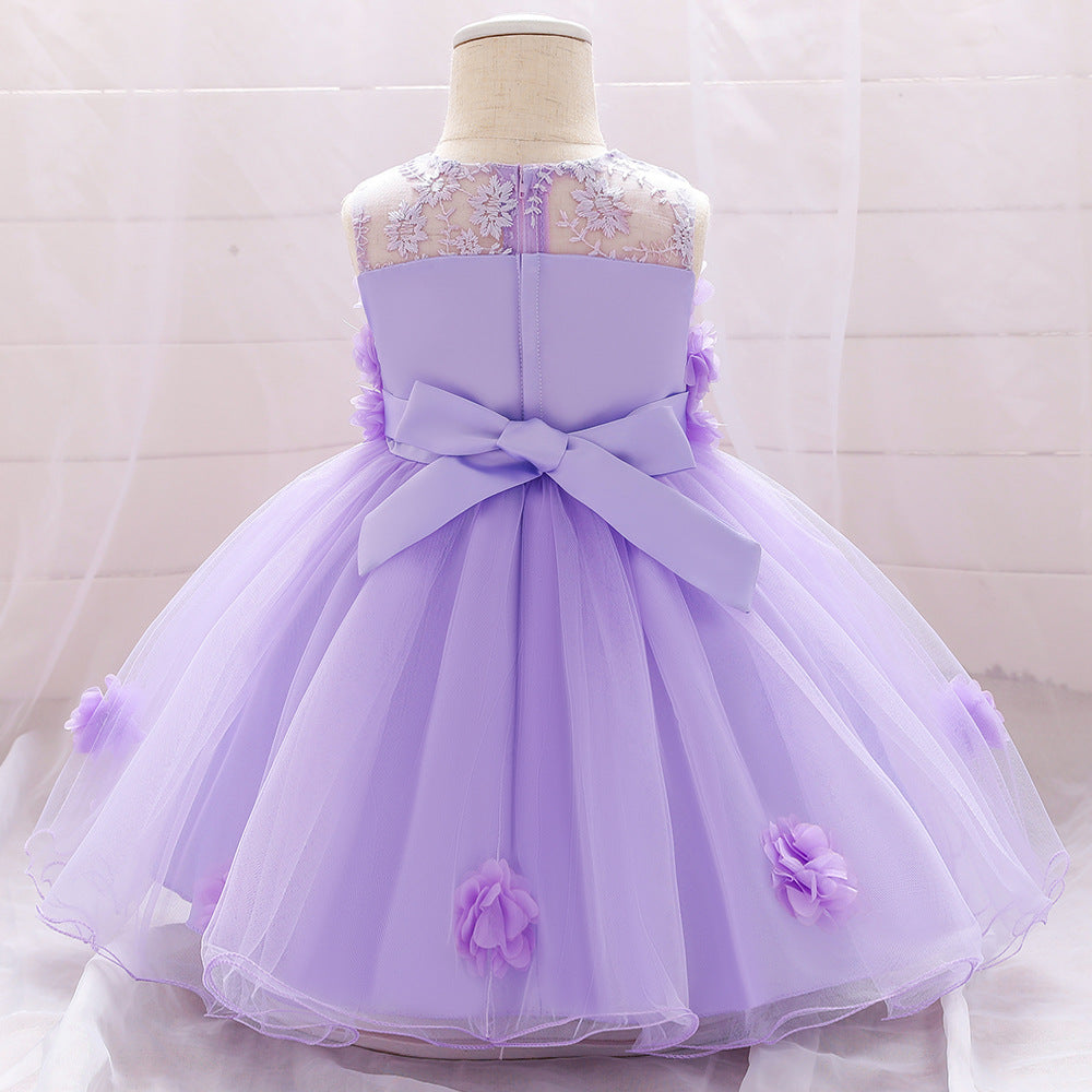 A-line Off Shoulder Tulle Baby Girl Dress | Cute Floral Applique Princess Gown