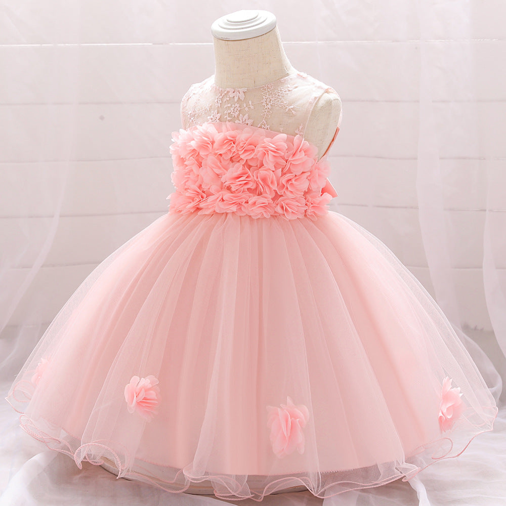 A-line Off Shoulder Tulle Baby Girl Dress | Cute Floral Applique Princess Gown
