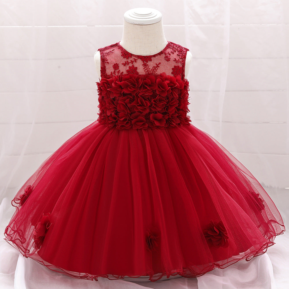 A-line Off Shoulder Tulle Baby Girl Dress | Cute Floral Applique Princess Gown
