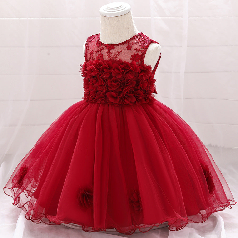 A-line Off Shoulder Tulle Baby Girl Dress | Cute Floral Applique Princess Gown