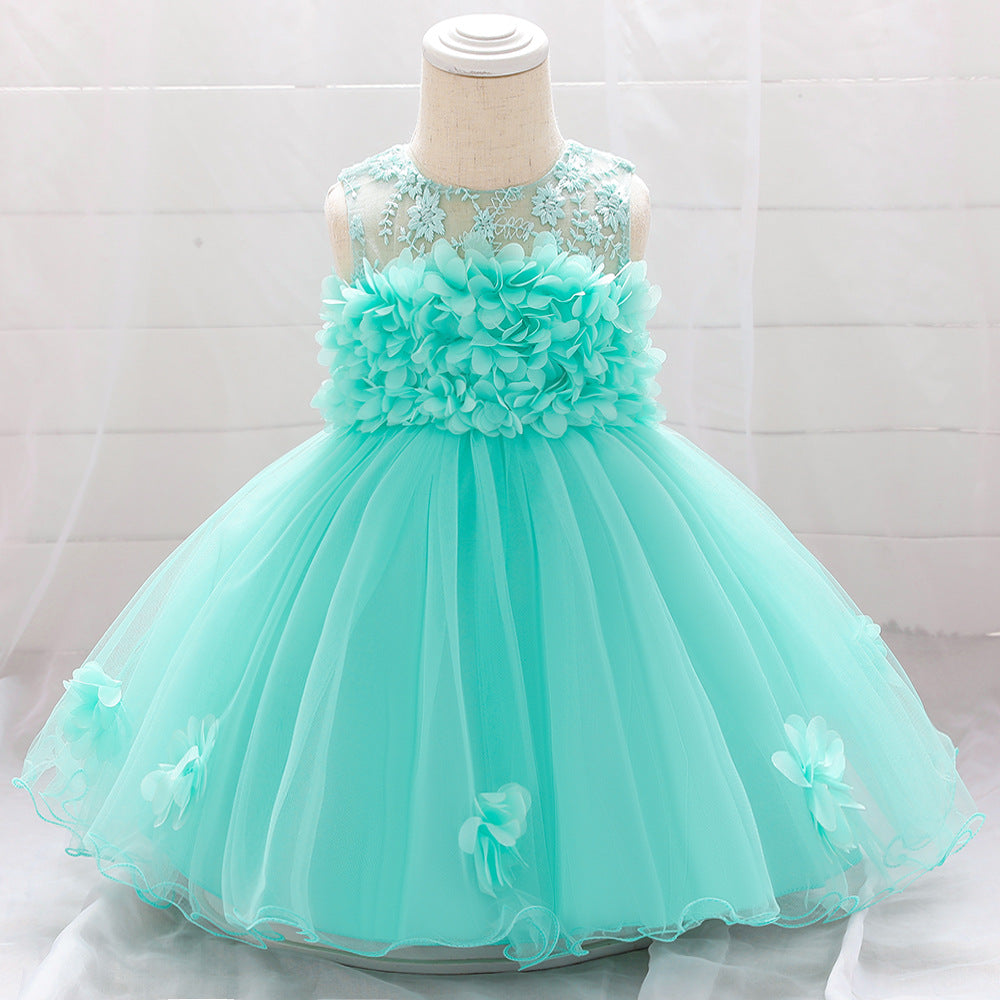A-line Off Shoulder Tulle Baby Girl Dress | Cute Floral Applique Princess Gown