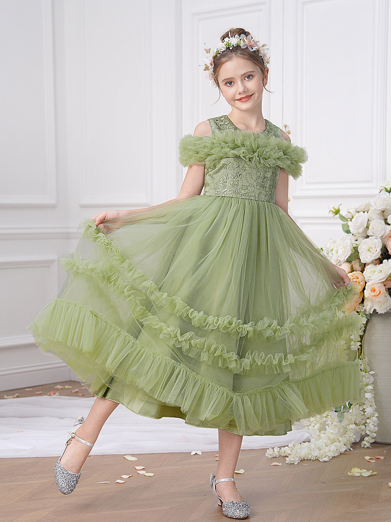 Avocado Green Embroidered Tulle Princess Dress for Girls | Cute Off-Shoulder Flower Girl Gown