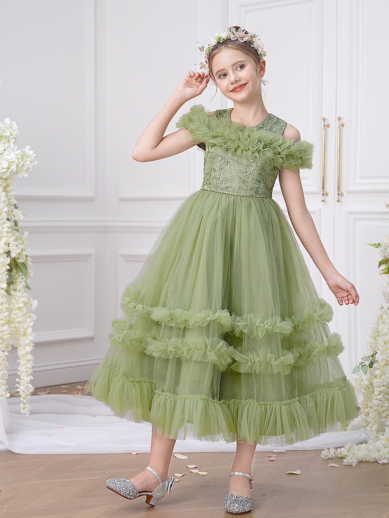 Avocado Green Embroidered Tulle Princess Dress for Girls | Cute Off-Shoulder Flower Girl Gown