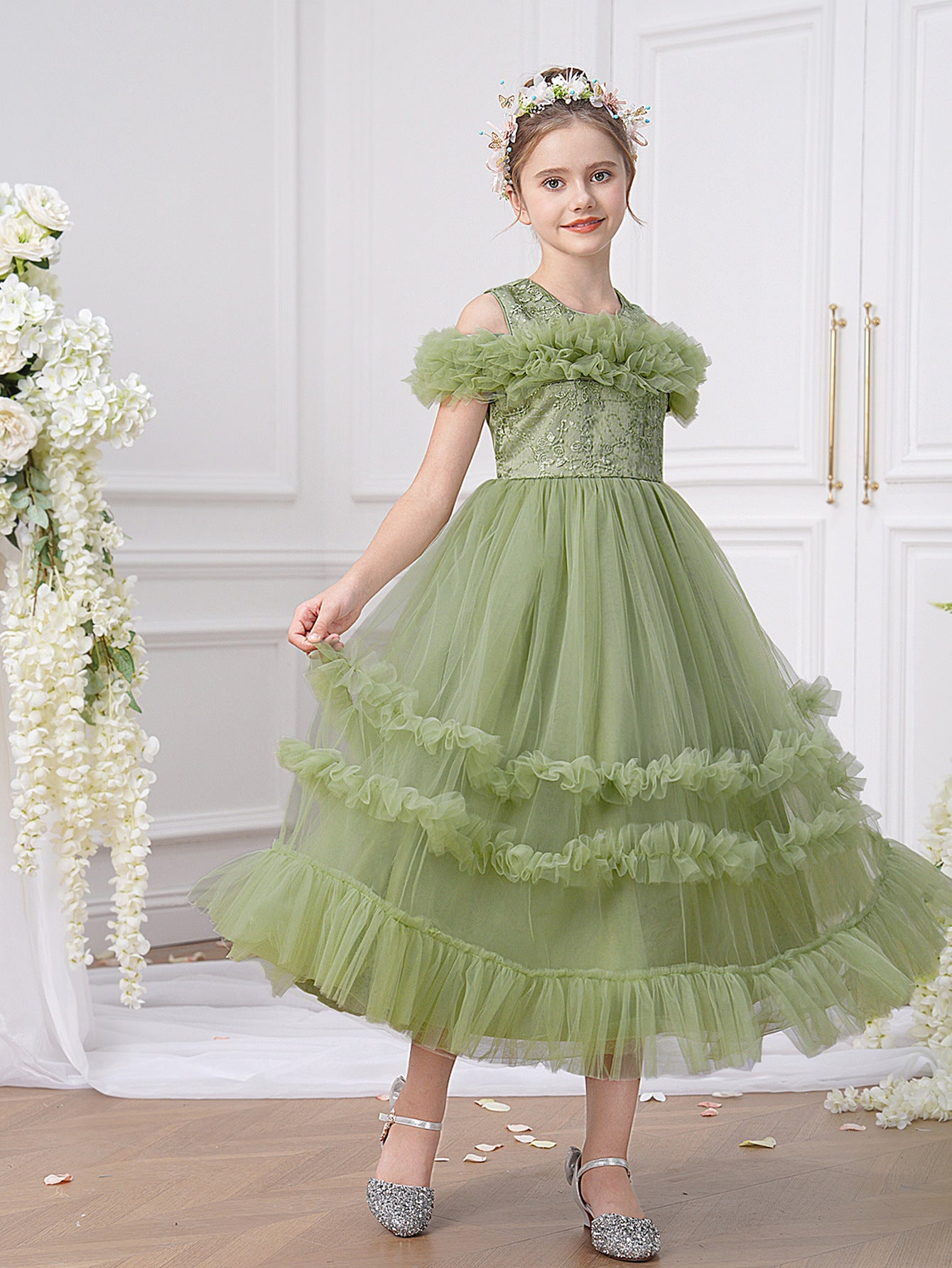 Avocado Green Embroidered Tulle Princess Dress for Girls | Cute Off-Shoulder Flower Girl Gown