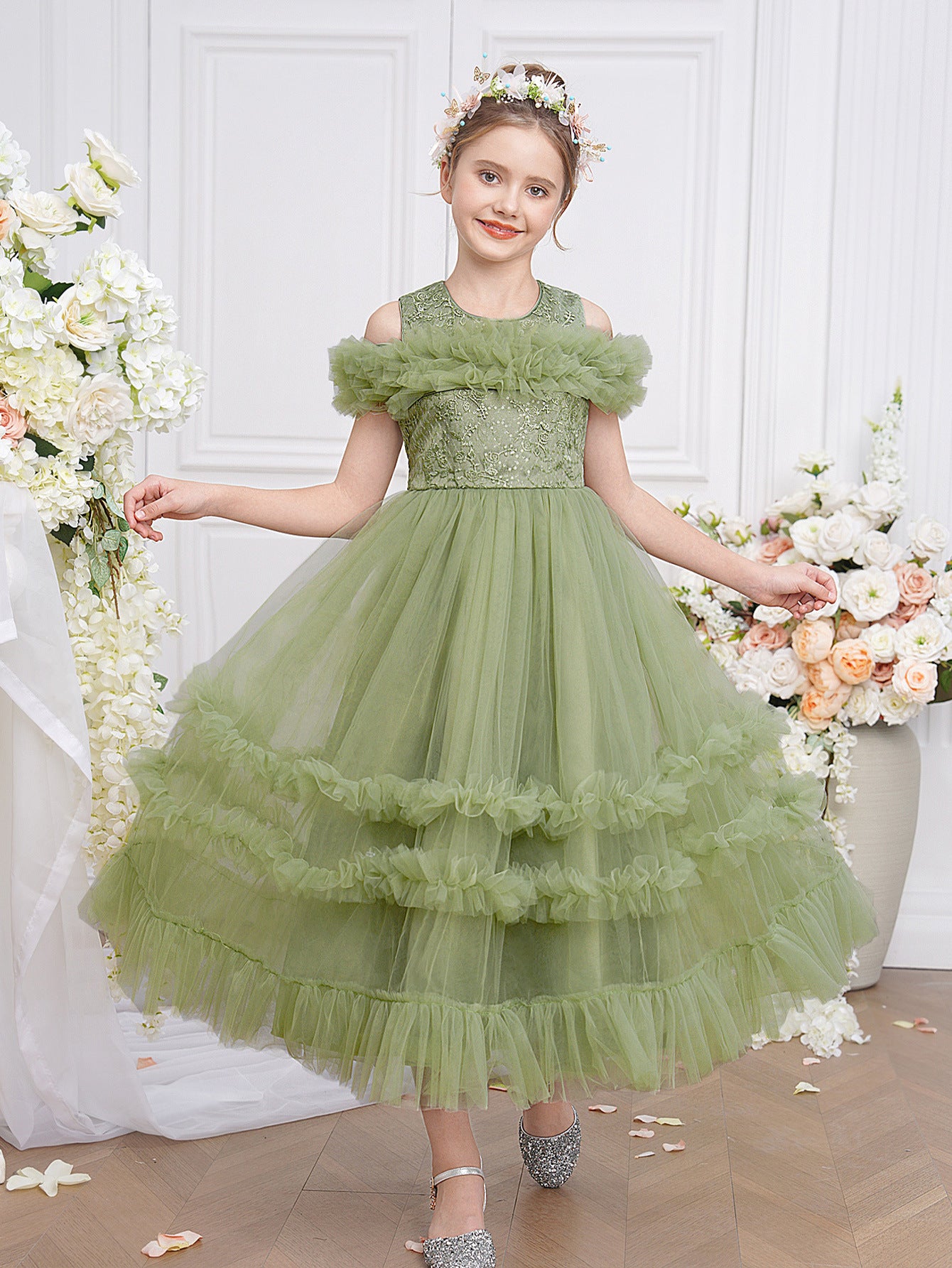 Avocado Green Embroidered Tulle Princess Dress for Girls | Cute Off-Shoulder Flower Girl Gown