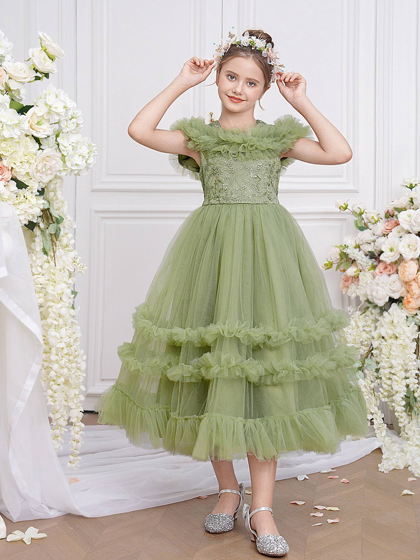 Avocado Green Embroidered Tulle Princess Dress for Girls | Cute Off-Shoulder Flower Girl Gown