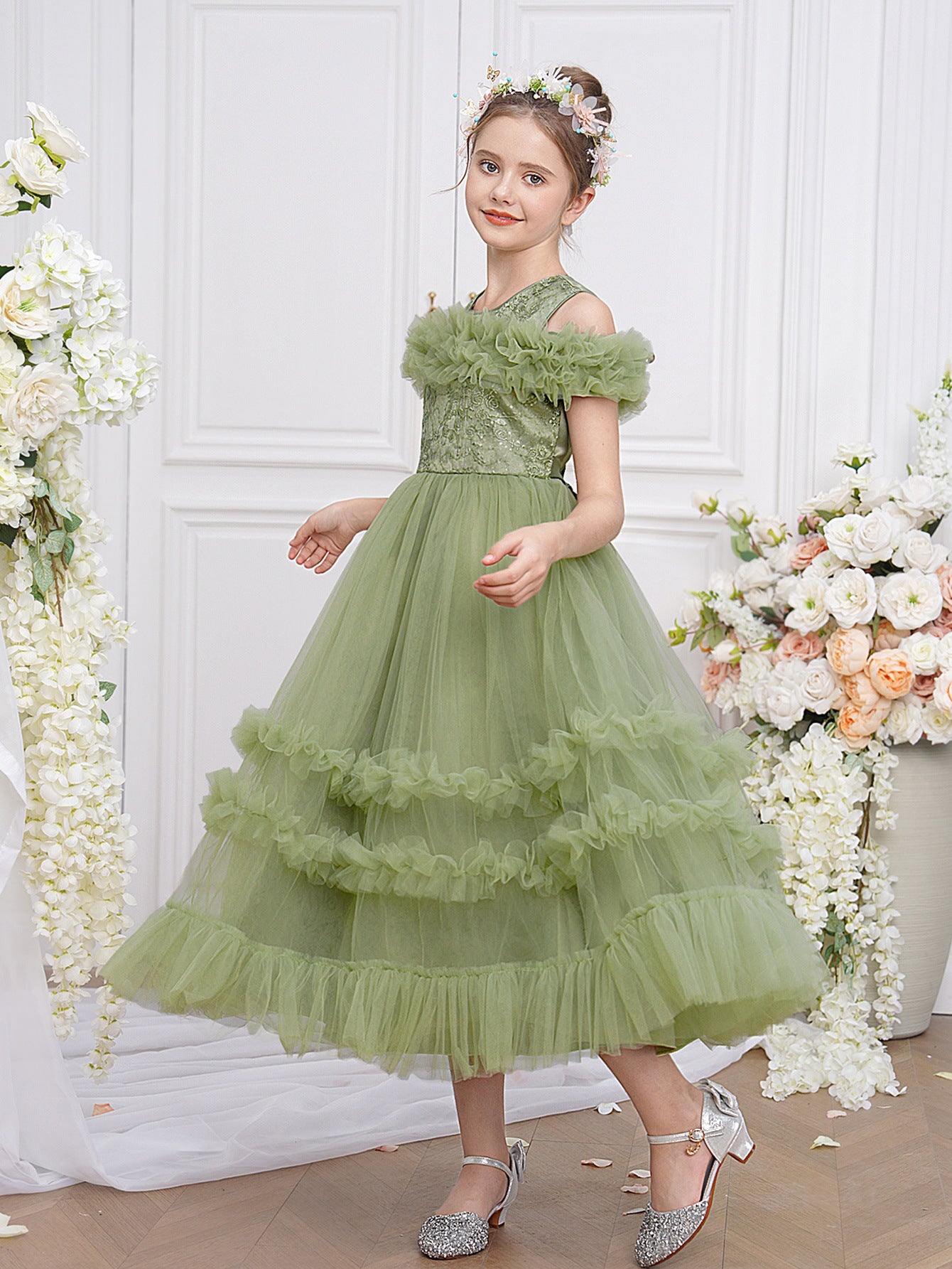 Avocado Green Embroidered Tulle Princess Dress for Girls | Cute Off-Shoulder Flower Girl Gown