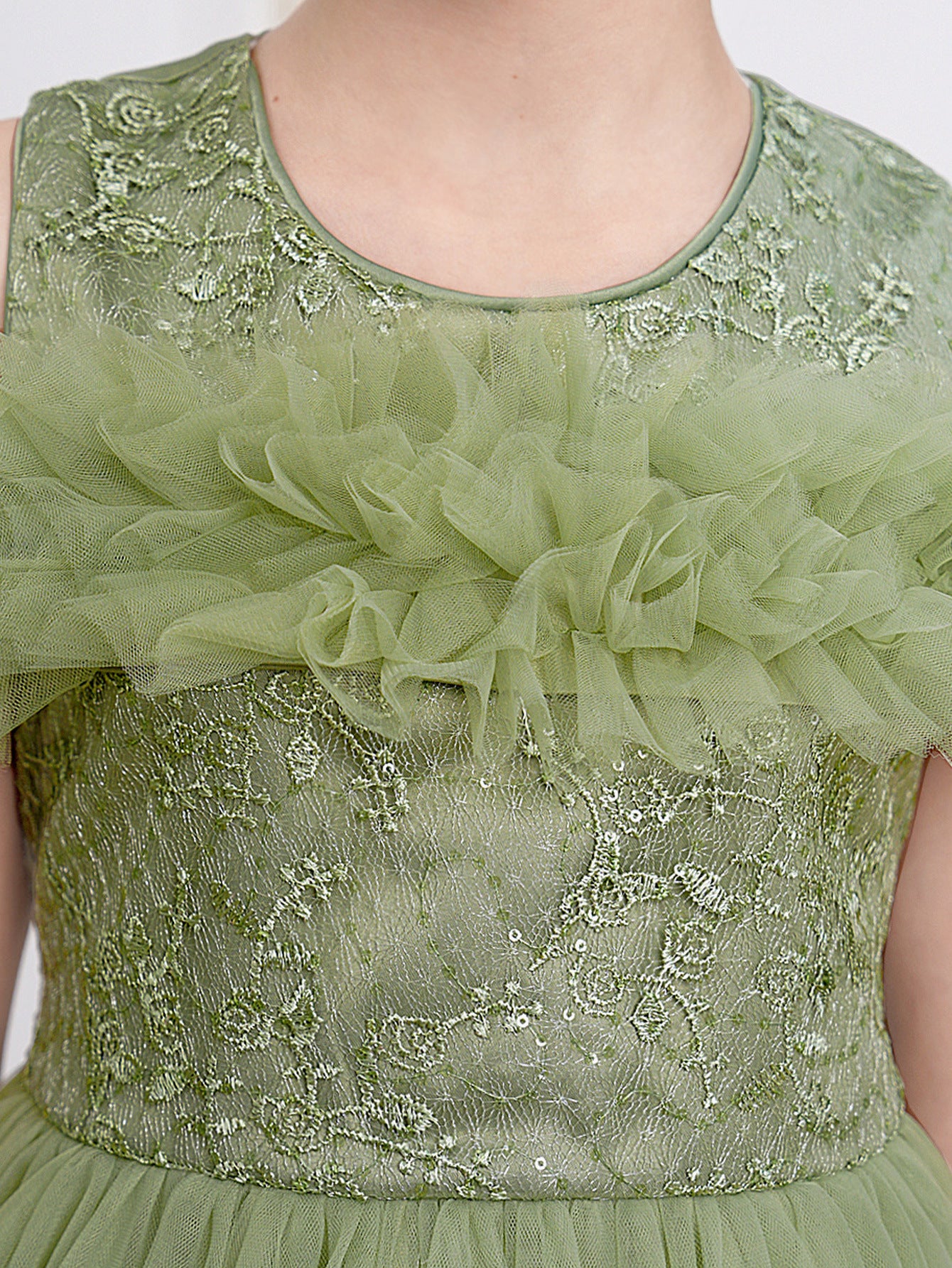 Avocado Green Embroidered Tulle Princess Dress for Girls | Cute Off-Shoulder Flower Girl Gown