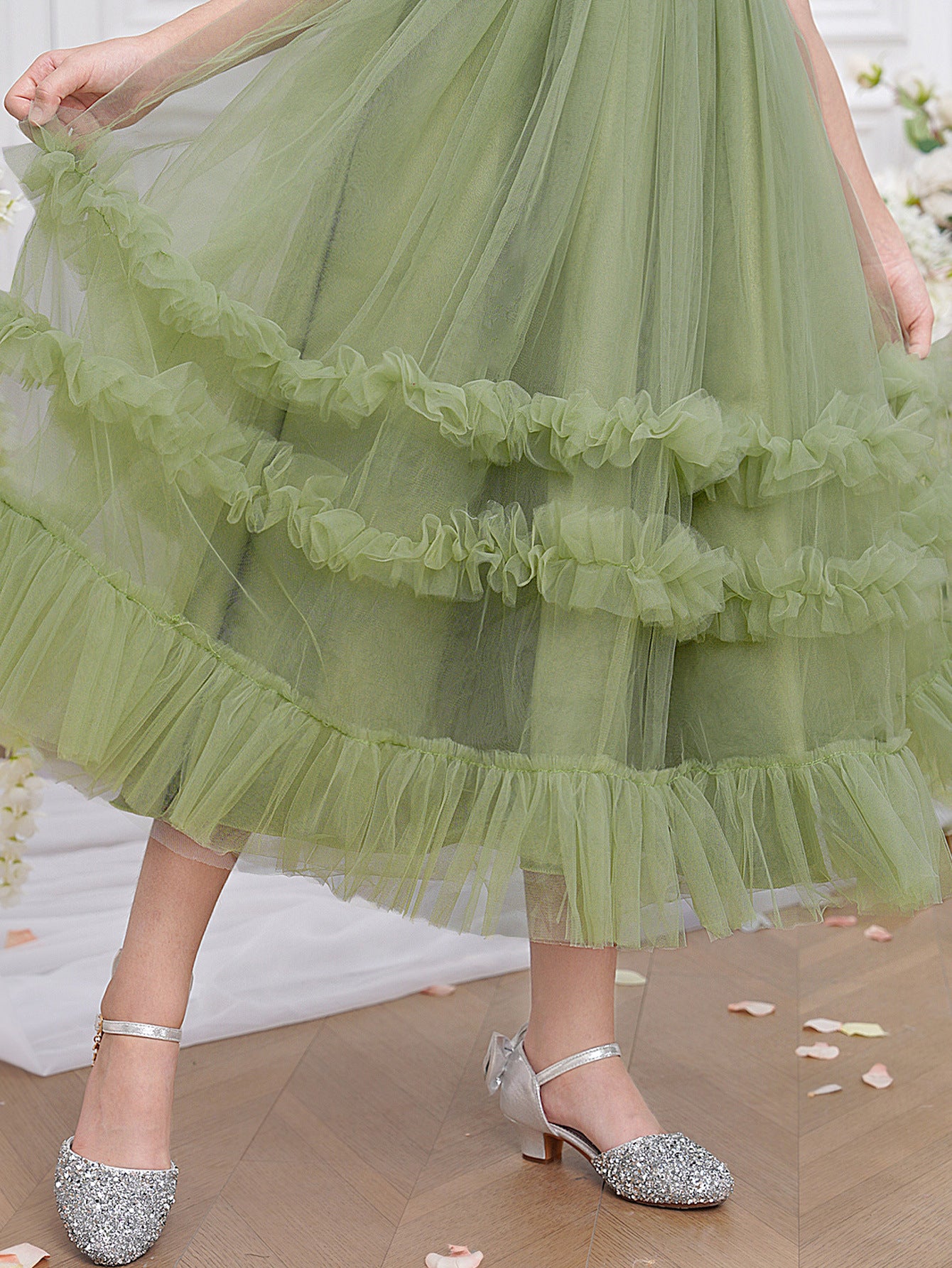 Avocado Green Embroidered Tulle Princess Dress for Girls | Cute Off-Shoulder Flower Girl Gown
