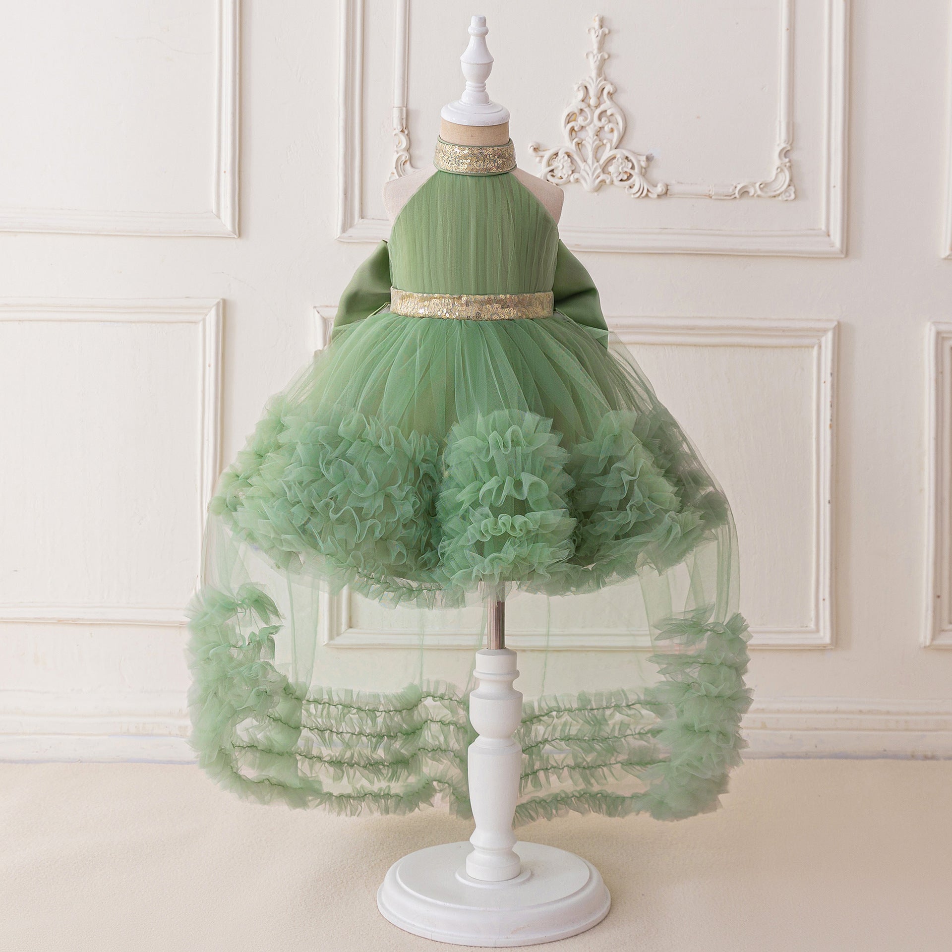 Avocado Green Puffy High-Low Halter Princess Dress for Girls (3-10 Years) – Frocklet