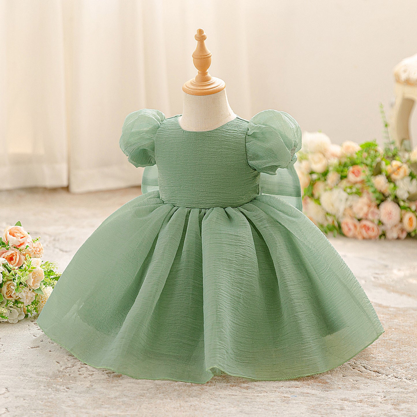 Avocado Green Puffy Sleeve Princess Dress for Kids – Tea-Length Flower Girl Ball Gown