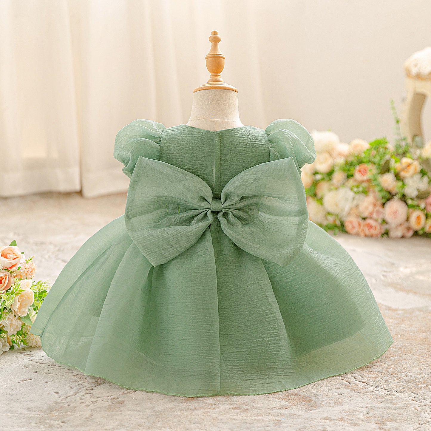 Avocado Green Puffy Sleeve Princess Dress for Kids – Tea-Length Flower Girl Ball Gown