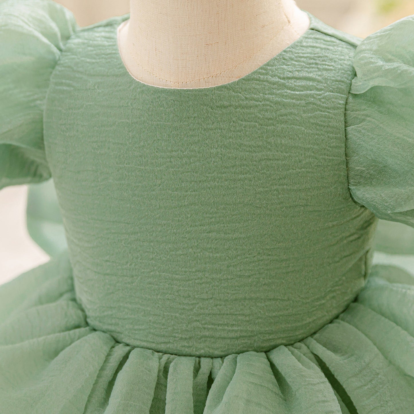 Avocado Green Puffy Sleeve Princess Dress for Kids – Tea-Length Flower Girl Ball Gown