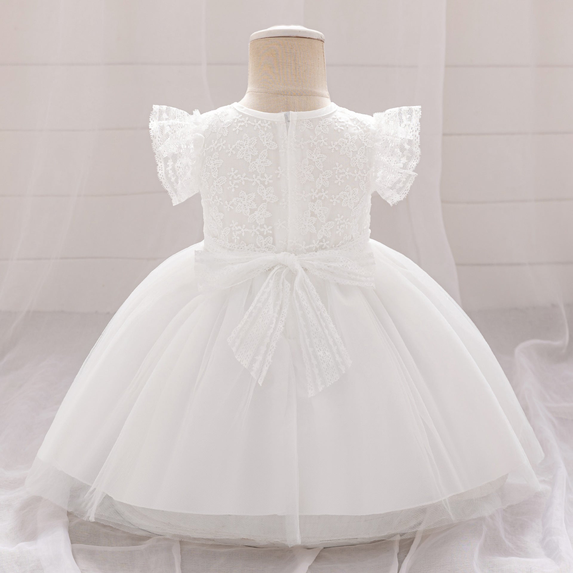 Frocklet Puffy Lace Baby Dress with Flutter Sleeves – Tea Length White Party Gown for 0-24 Months 3