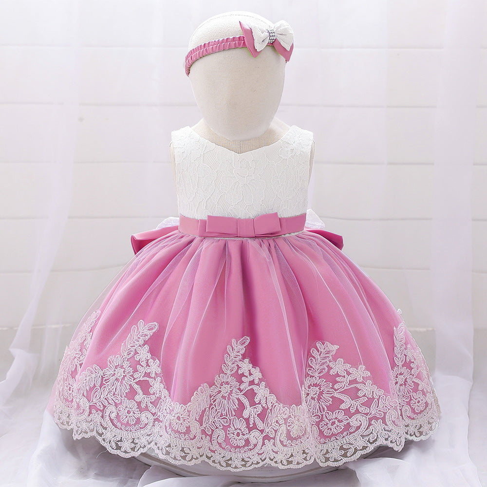 Baby Puffy Party Dress with Bow & Lace – Tea Length Mesh Gown for Infants