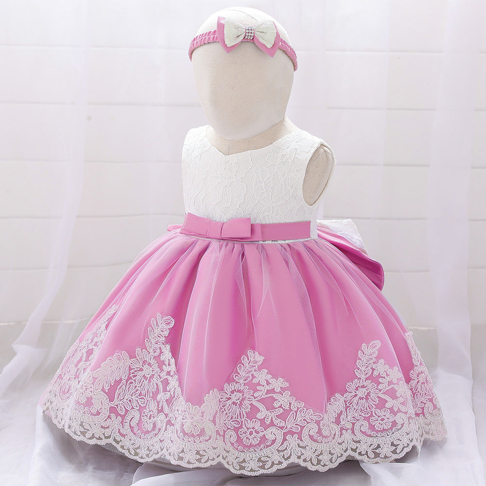 Baby Puffy Party Dress with Bow & Lace – Tea Length Mesh Gown for Infants
