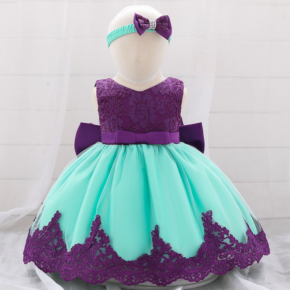 Baby Puffy Party Dress with Bow & Lace – Tea Length Mesh Gown for Infants