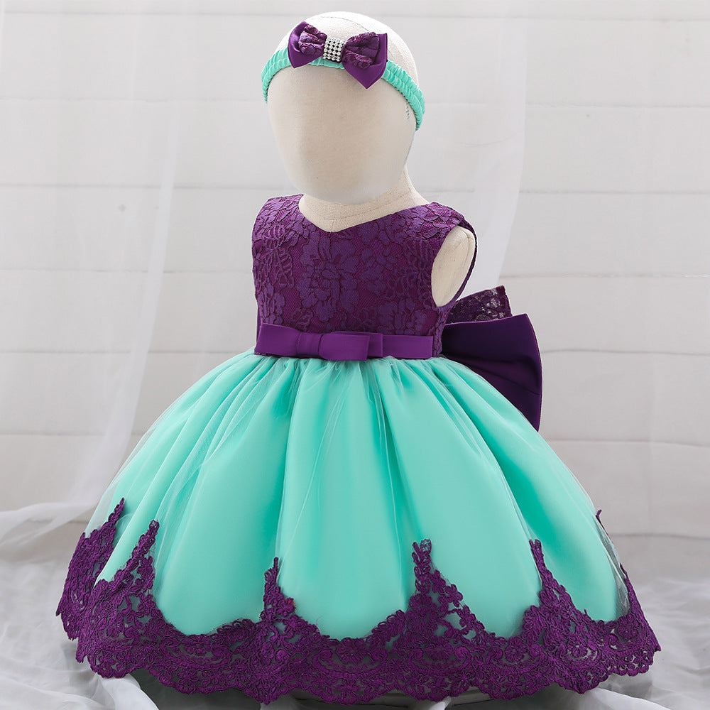 Baby Puffy Party Dress with Bow & Lace – Tea Length Mesh Gown for Infants