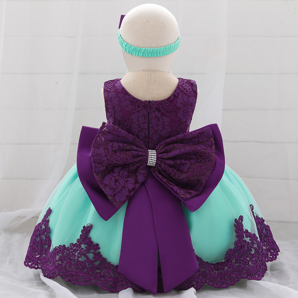 Baby Puffy Party Dress with Bow & Lace – Tea Length Mesh Gown for Infants