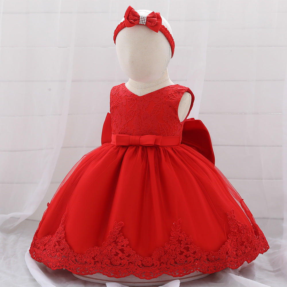 Baby Puffy Party Dress with Bow & Lace – Tea Length Mesh Gown for Infants