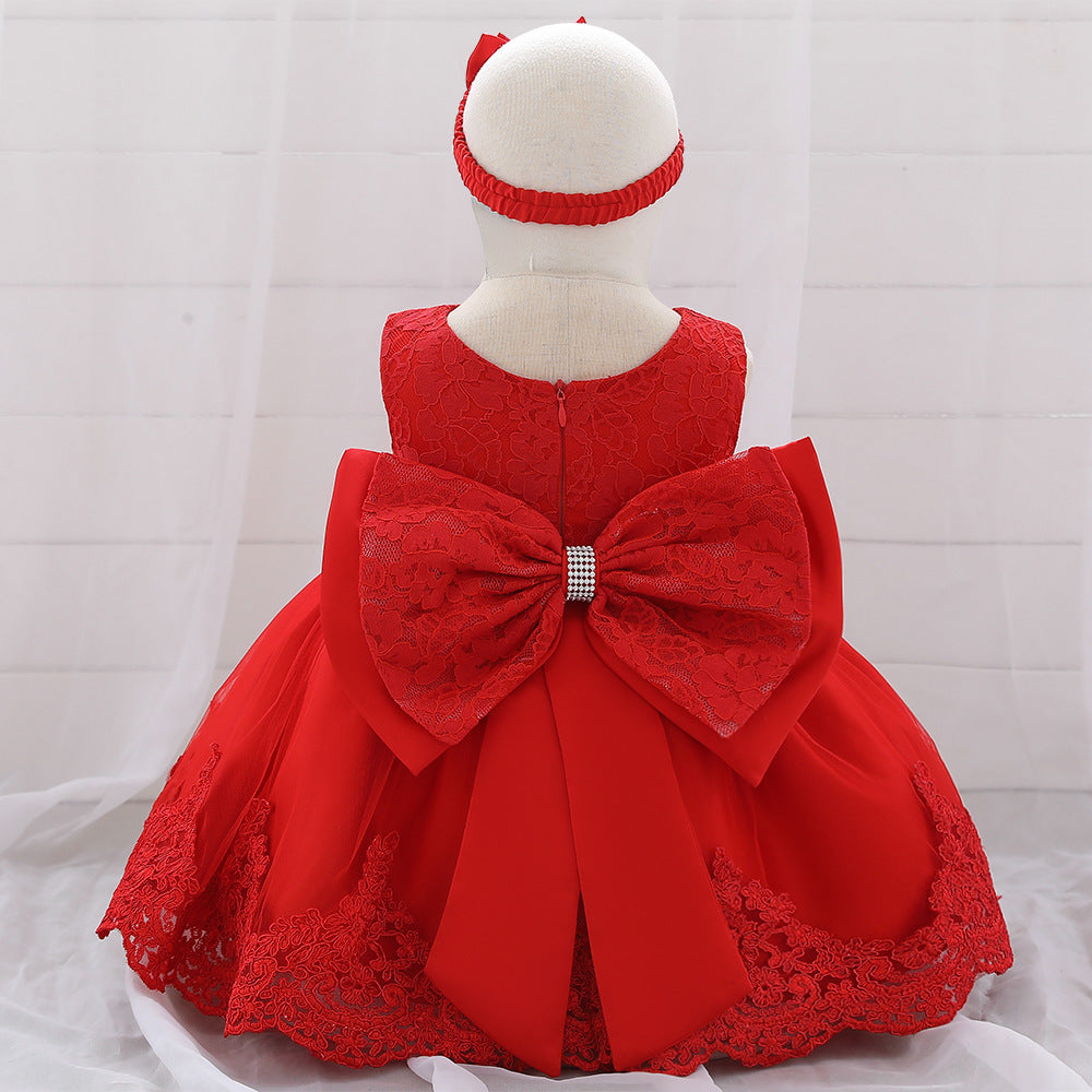 Baby Puffy Party Dress with Bow & Lace – Tea Length Mesh Gown for Infants