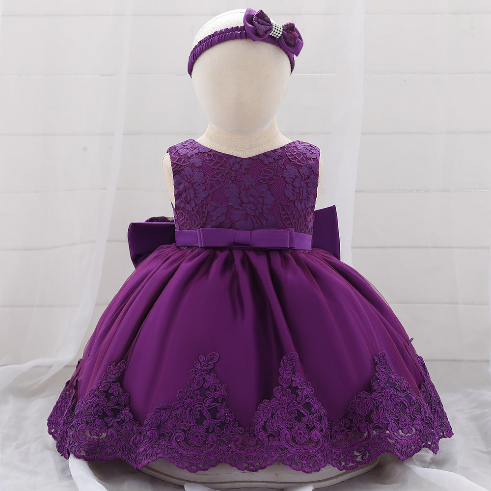 Baby Puffy Party Dress with Bow & Lace – Tea Length Mesh Gown for Infants