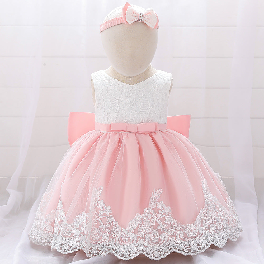 Baby Puffy Party Dress with Bow & Lace – Tea Length Mesh Gown for Infants