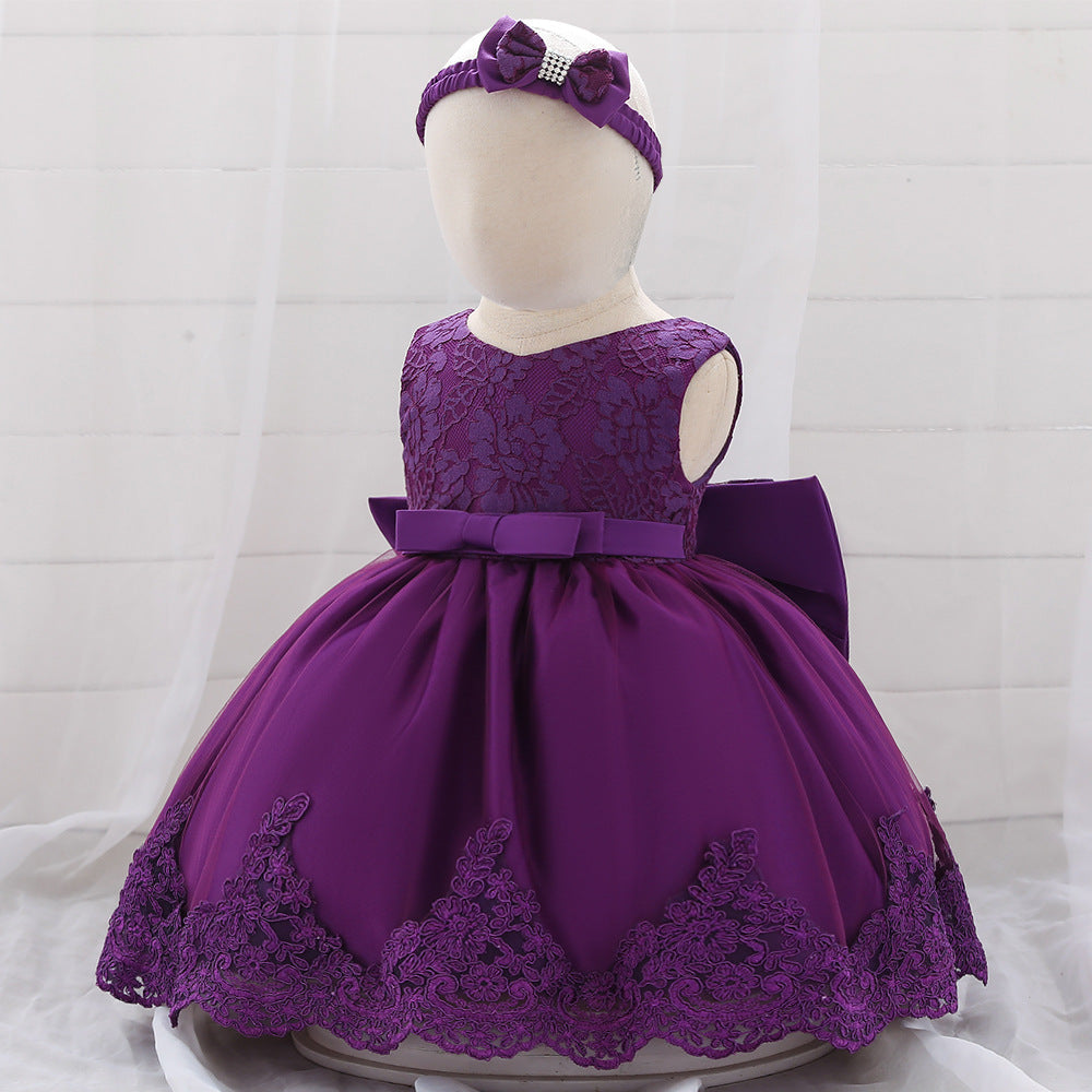 Baby Puffy Party Dress with Bow & Lace – Tea Length Mesh Gown for Infants