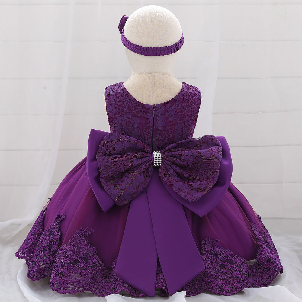 Baby Puffy Party Dress with Bow & Lace – Tea Length Mesh Gown for Infants
