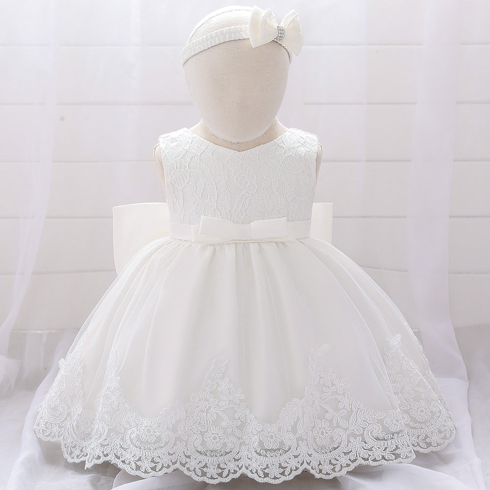 Baby Puffy Party Dress with Bow & Lace – Tea Length Mesh Gown for Infants