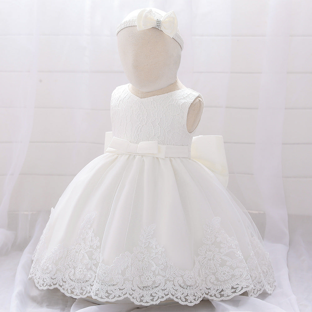 Baby Puffy Party Dress with Bow & Lace – Tea Length Mesh Gown for Infants