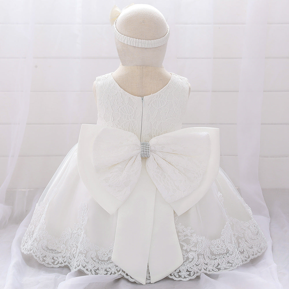 Baby Puffy Party Dress with Bow & Lace – Tea Length Mesh Gown for Infants