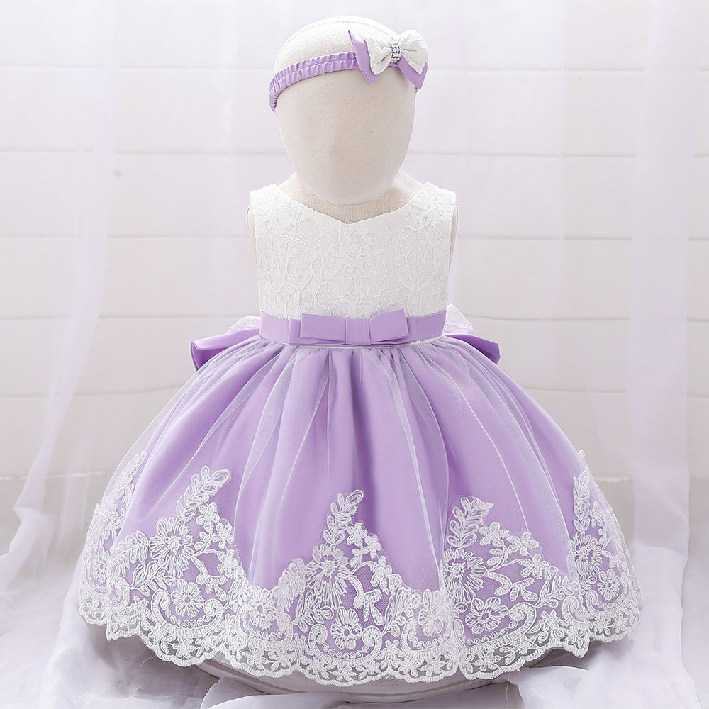 Baby Puffy Party Dress with Bow & Lace – Tea Length Mesh Gown for Infants