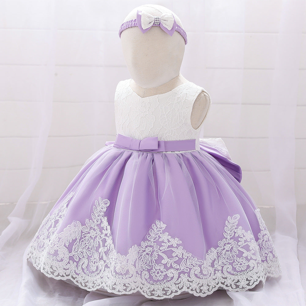 Baby Puffy Party Dress with Bow & Lace – Tea Length Mesh Gown for Infants