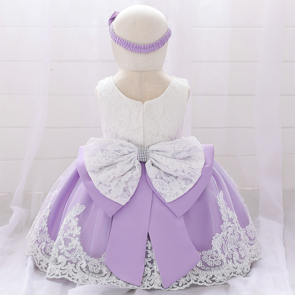 Baby Puffy Party Dress with Bow & Lace – Tea Length Mesh Gown for Infants
