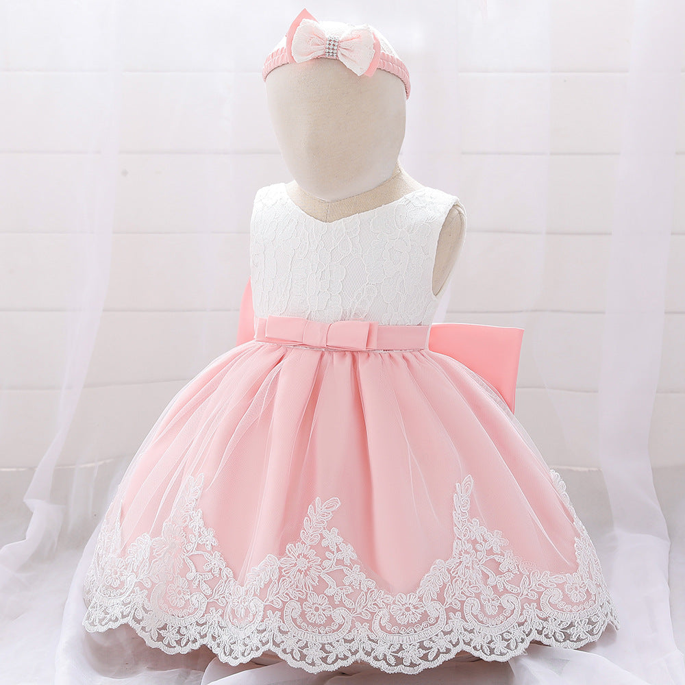 Baby Puffy Party Dress with Bow & Lace – Tea Length Mesh Gown for Infants