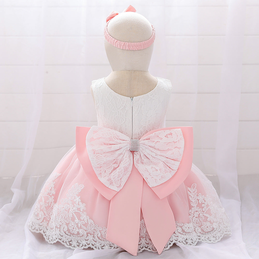 Baby Puffy Party Dress with Bow & Lace – Tea Length Mesh Gown for Infants