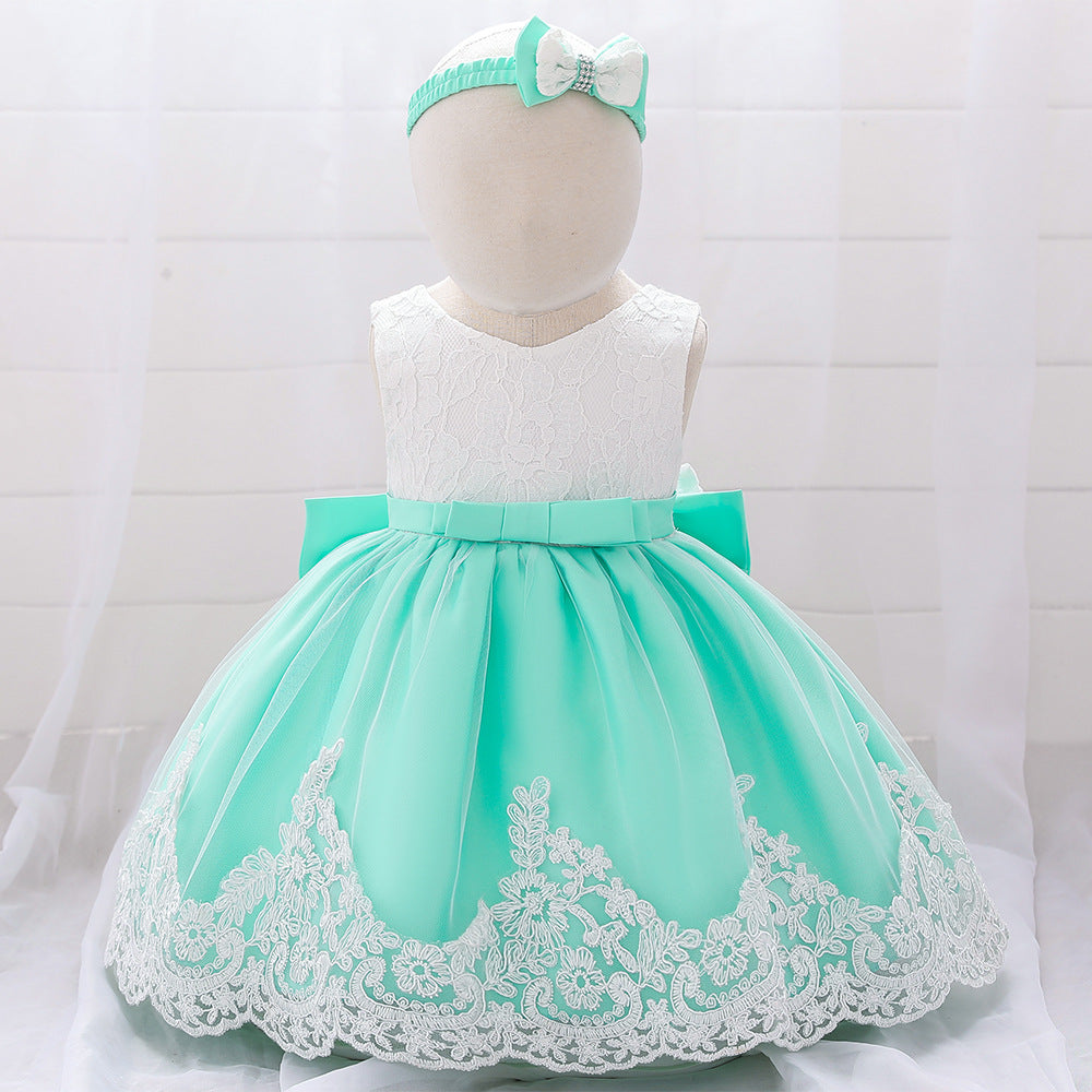 Baby Puffy Party Dress with Bow & Lace – Tea Length Mesh Gown for Infants