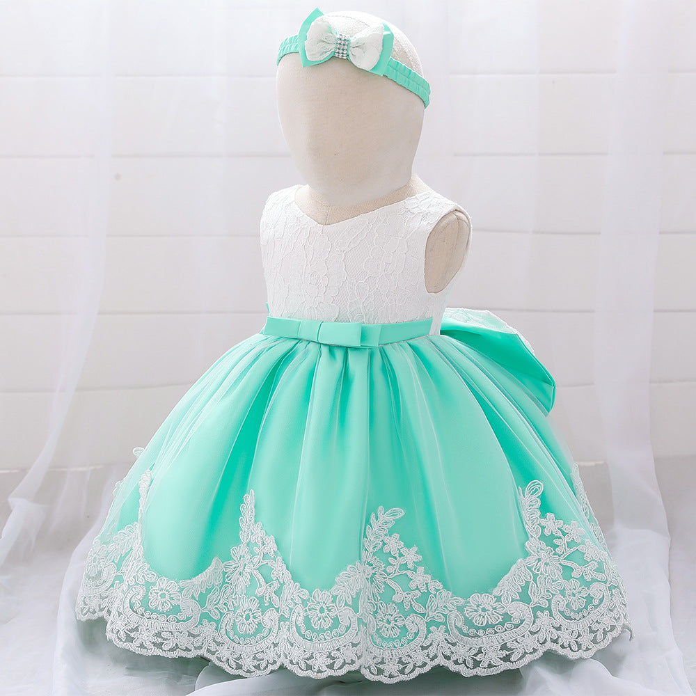 Baby Puffy Party Dress with Bow & Lace – Tea Length Mesh Gown for Infants