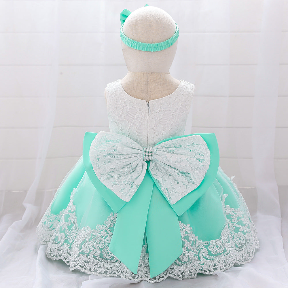 Baby Puffy Party Dress with Bow & Lace – Tea Length Mesh Gown for Infants