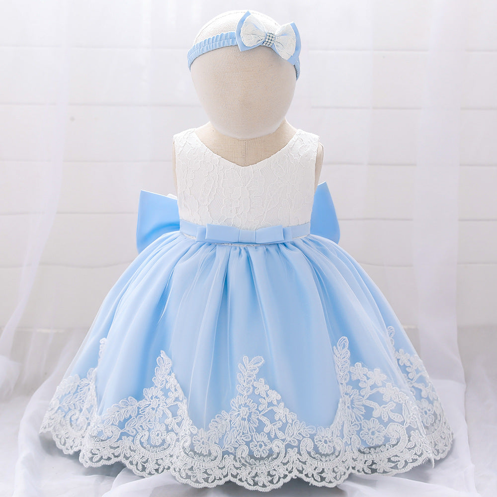 Baby Puffy Party Dress with Bow & Lace – Tea Length Mesh Gown for Infants