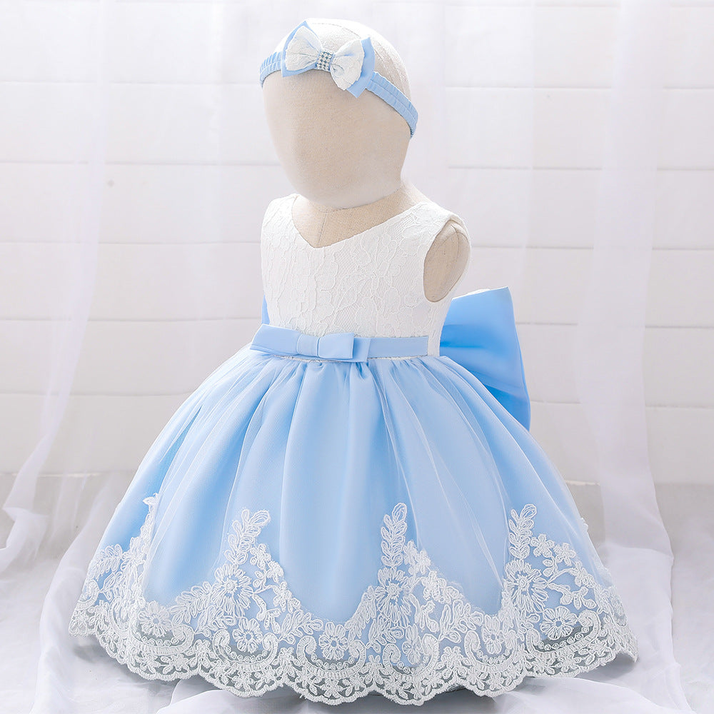 Baby Puffy Party Dress with Bow & Lace – Tea Length Mesh Gown for Infants
