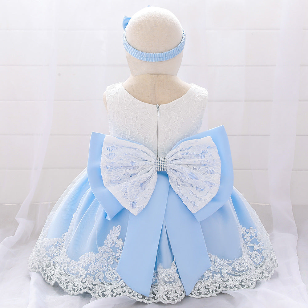 Baby Puffy Party Dress with Bow & Lace – Tea Length Mesh Gown for Infants