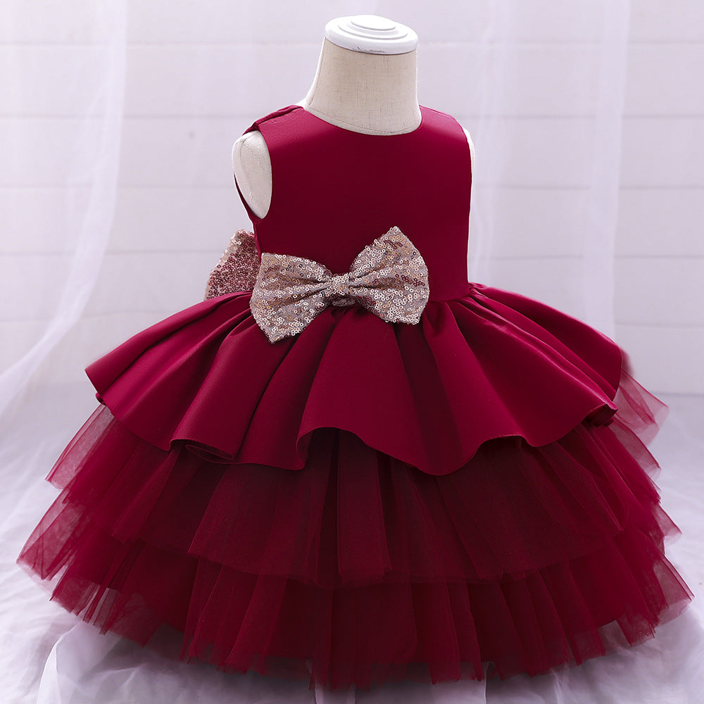 Cute Puffy Ball Gown Baby Princess Dress with Bow & Sequins – Perfect for Parties & Weddings