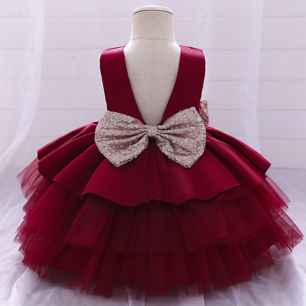 Cute Puffy Ball Gown Baby Princess Dress with Bow & Sequins – Perfect for Parties & Weddings