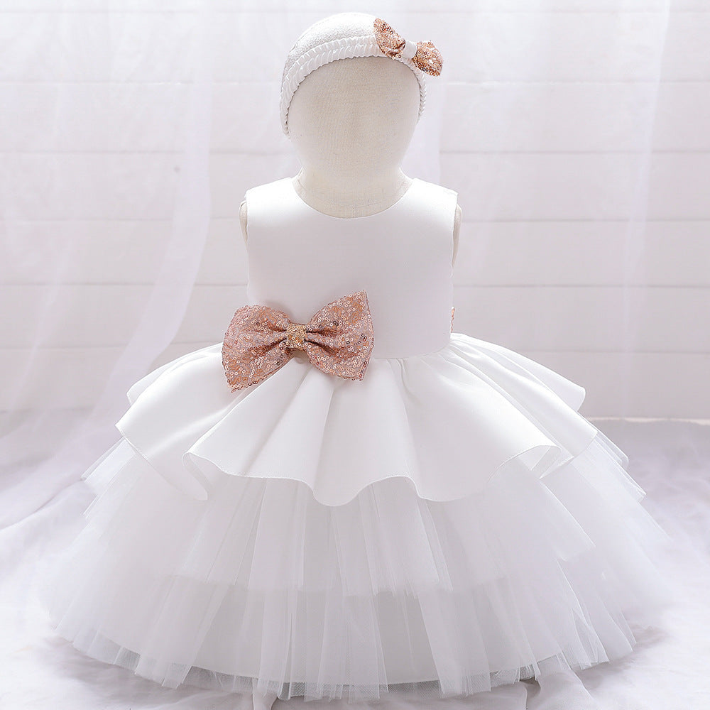 Cute Puffy Ball Gown Baby Princess Dress with Bow & Sequins – Perfect for Parties & Weddings