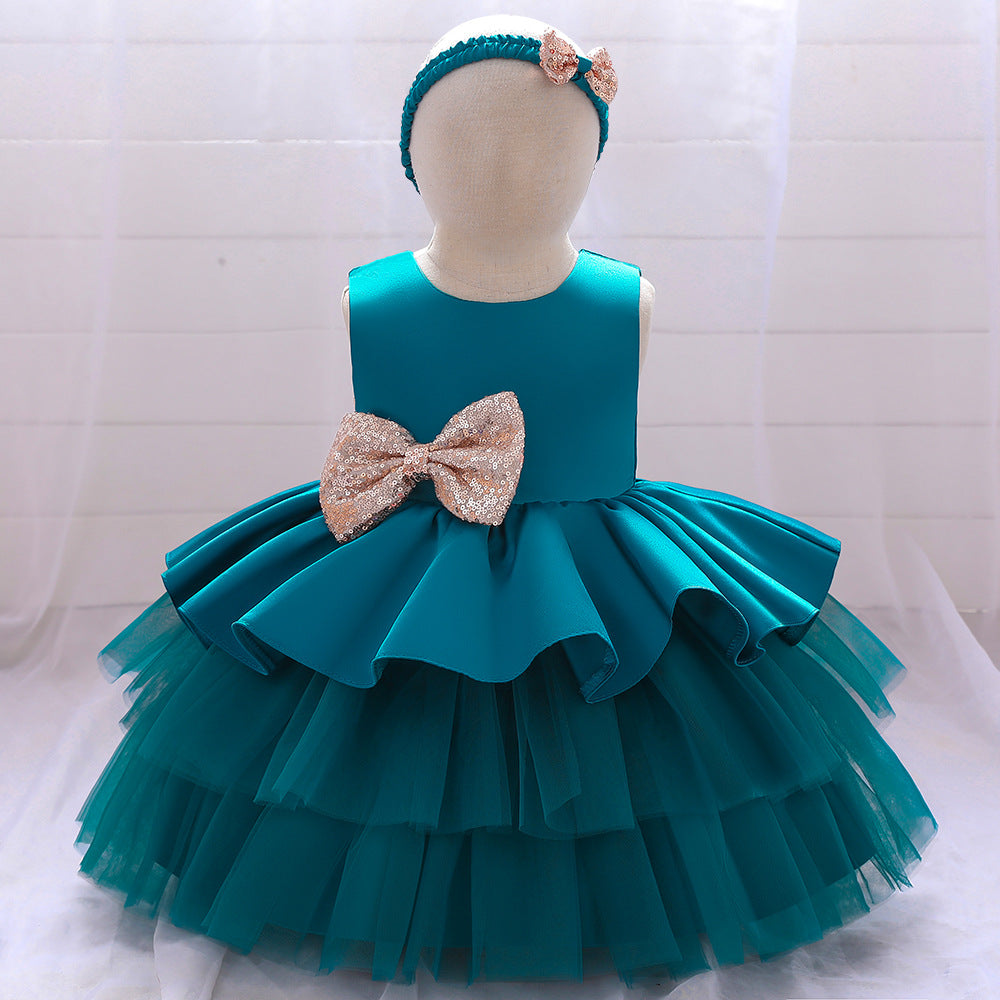Cute Puffy Ball Gown Baby Princess Dress with Bow & Sequins – Perfect for Parties & Weddings