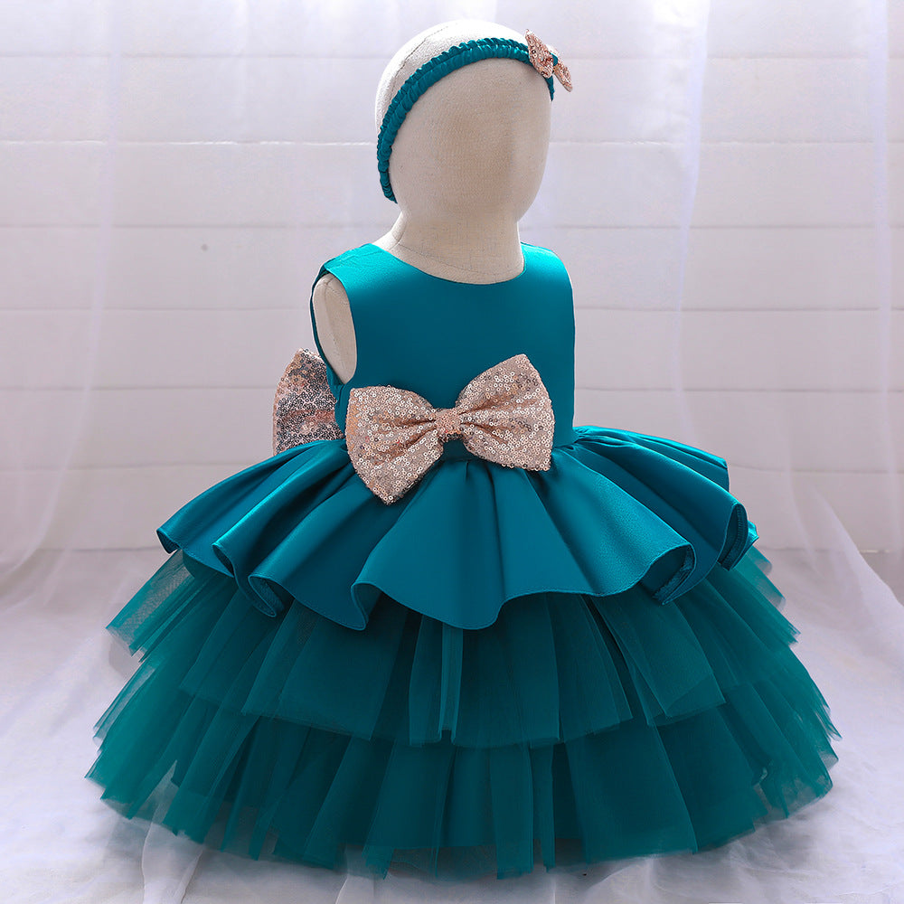 Cute Puffy Ball Gown Baby Princess Dress with Bow & Sequins – Perfect for Parties & Weddings