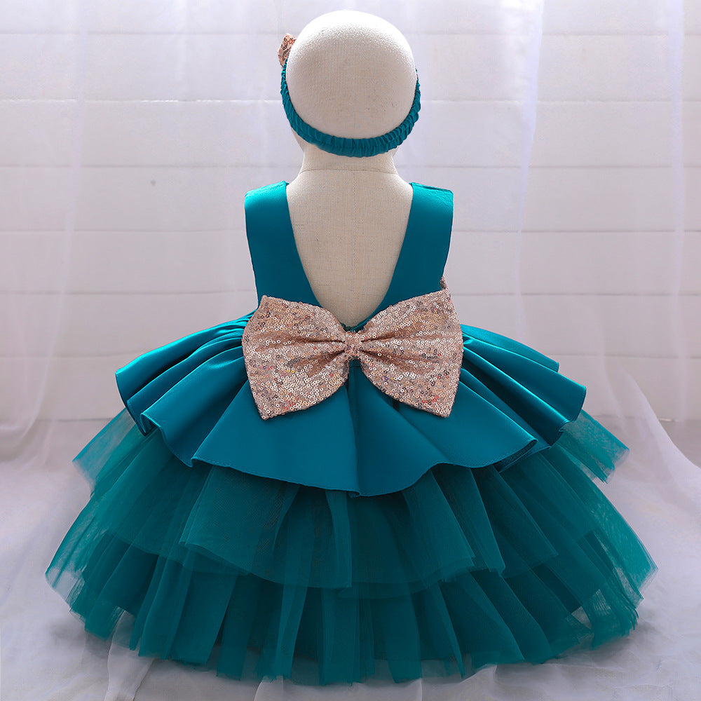 Cute Puffy Ball Gown Baby Princess Dress with Bow & Sequins – Perfect for Parties & Weddings